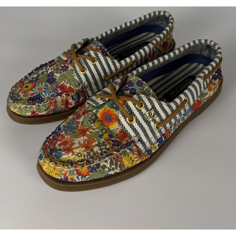 NIB Sperry Top-Sider Original Liberty Blue Floral Stripe 2 Eye Boat Shoes 7 M